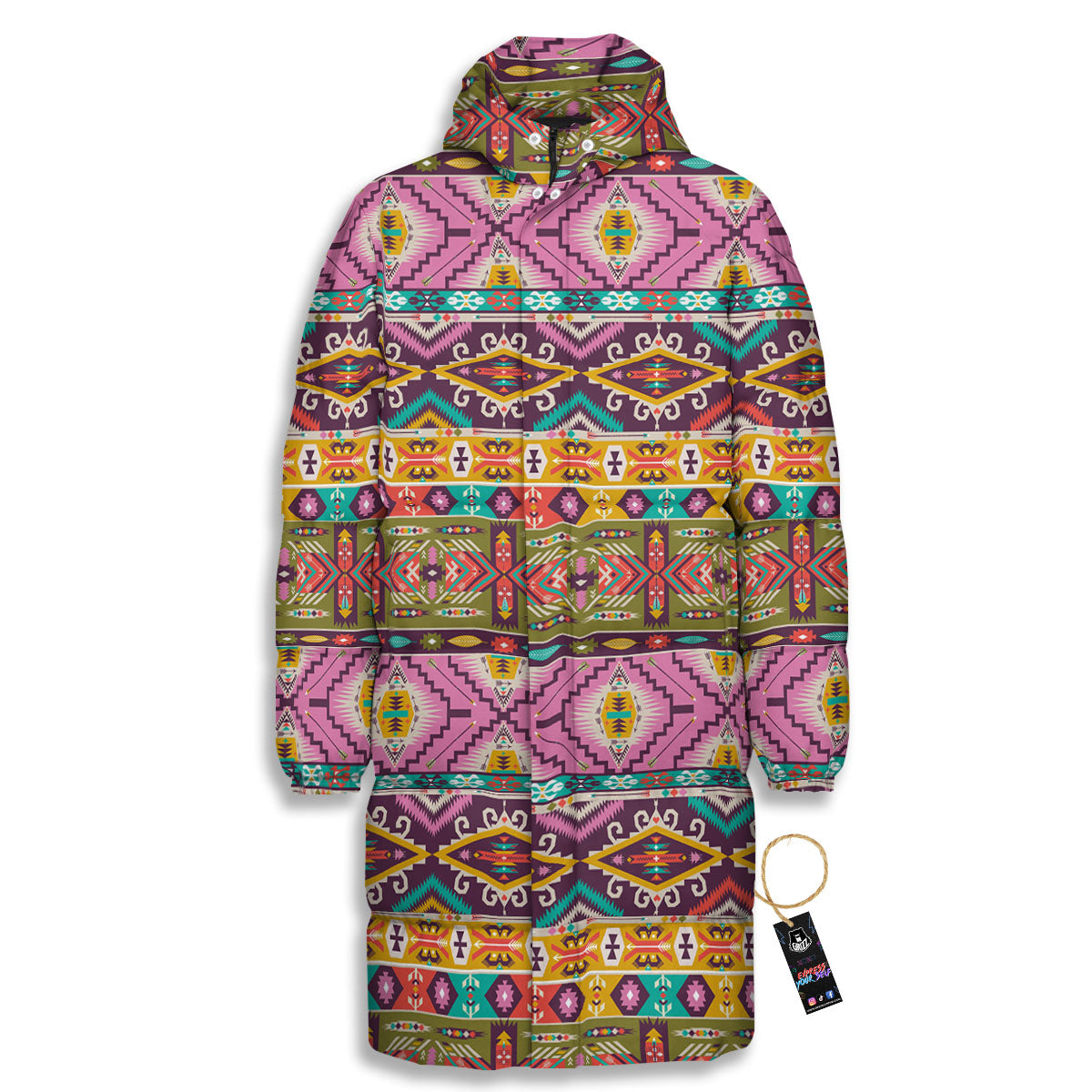 Inspired Native Print Pattern Long Down Jacket-grizzshop