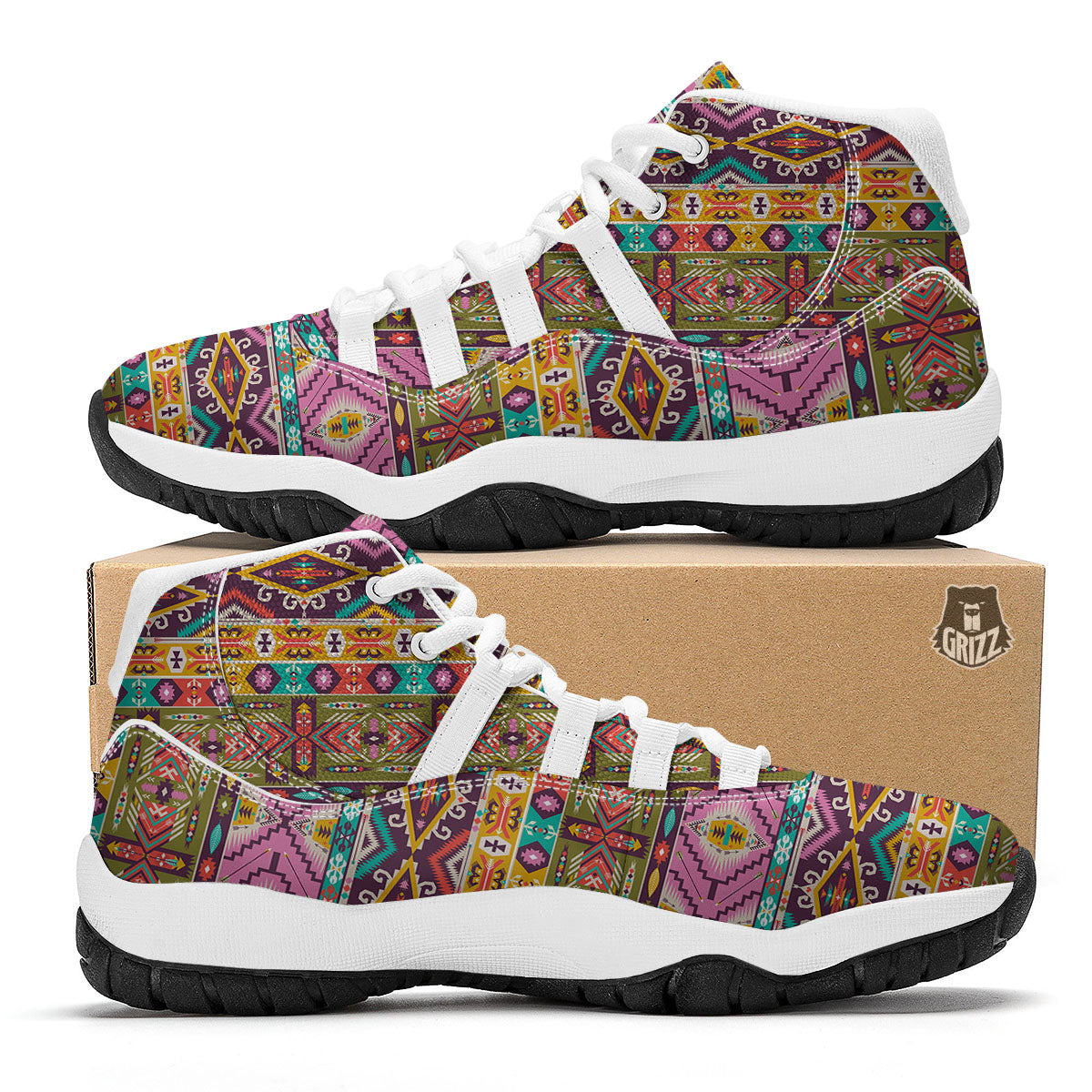 Inspired Native Print Pattern White Bball Shoes-grizzshop