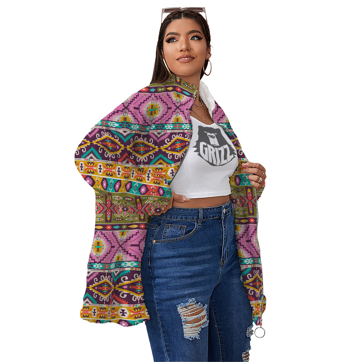 Inspired Native Print Pattern Women's Sherpa Jacket-grizzshop