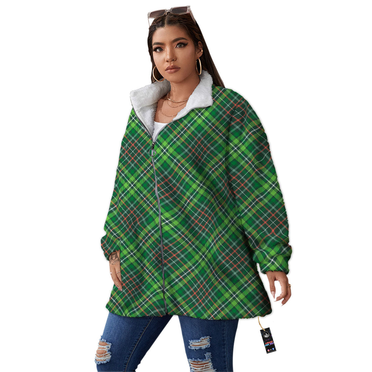 Irish Tartan Saint Patrick's Day Print Pattern Women's Sherpa Jacket-grizzshop