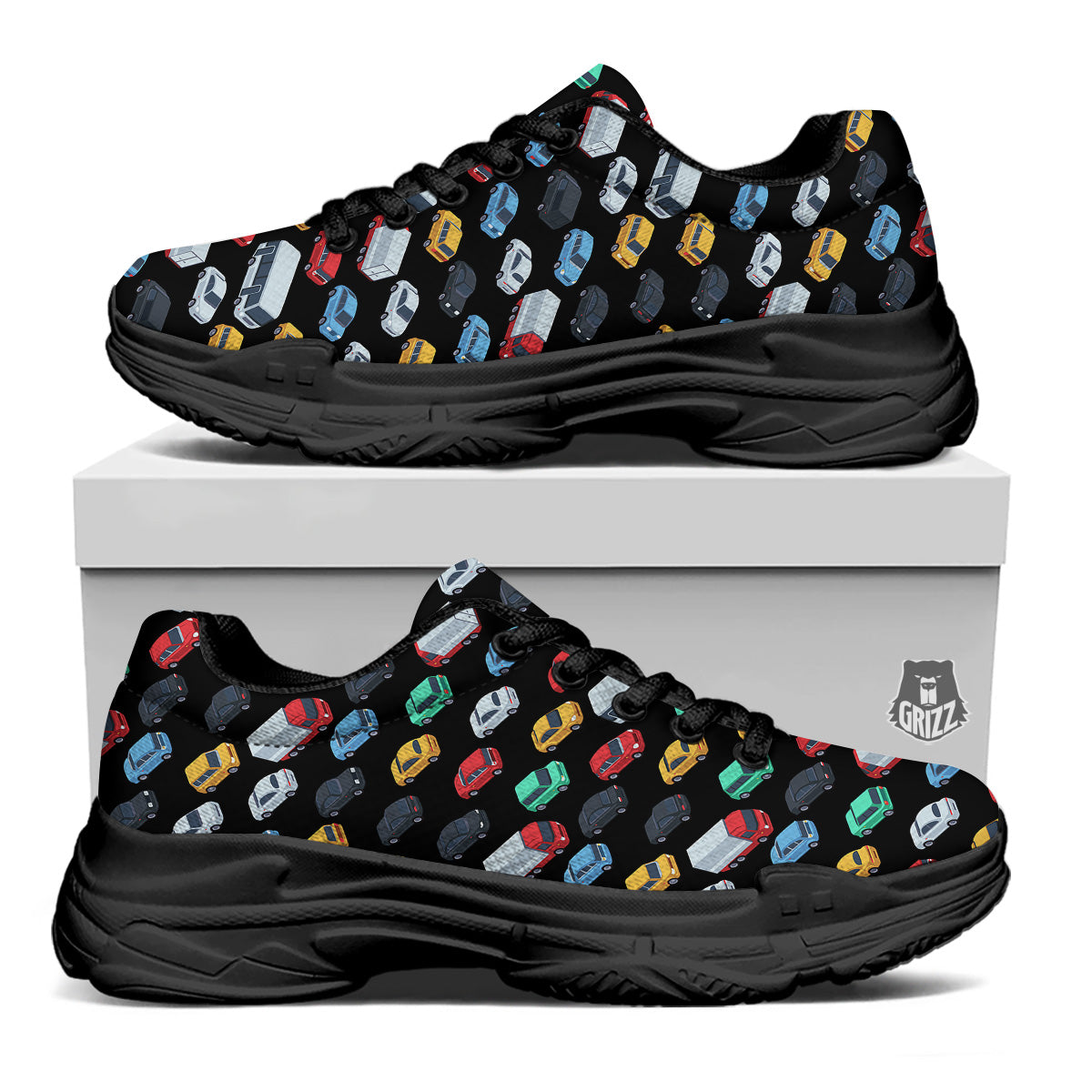 Isometric Cars Colorful Print Pattern Black Chunky Shoes-grizzshop