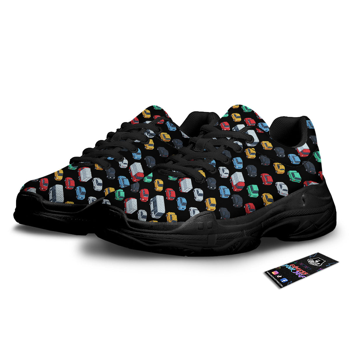Isometric Cars Colorful Print Pattern Black Chunky Shoes-grizzshop