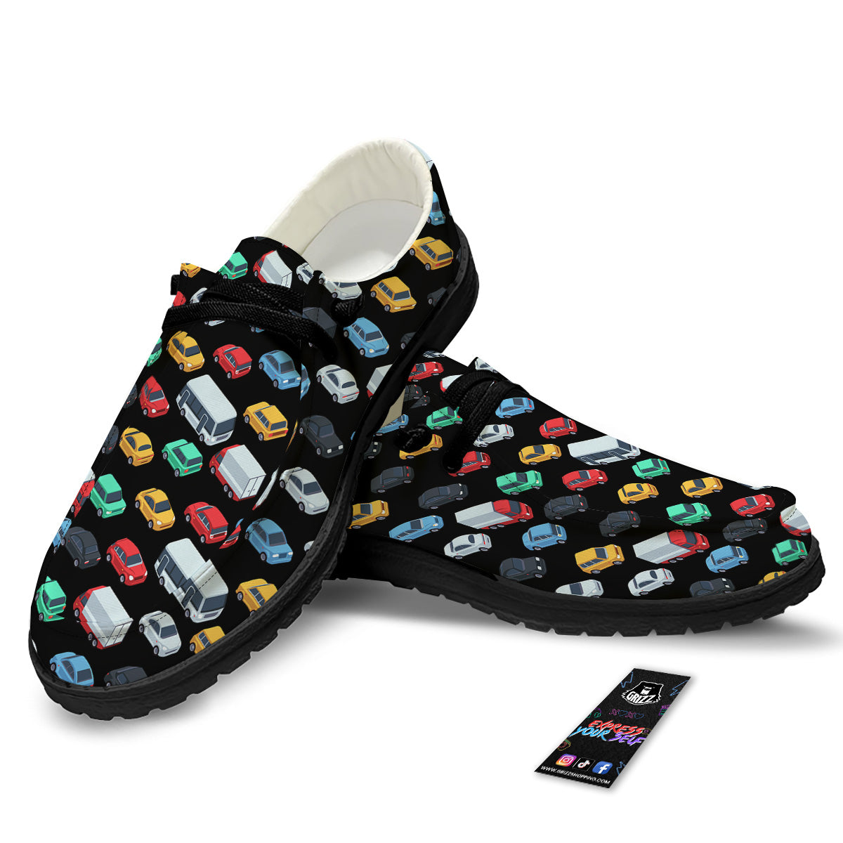 Isometric Cars Colorful Print Pattern Black Loafers-grizzshop