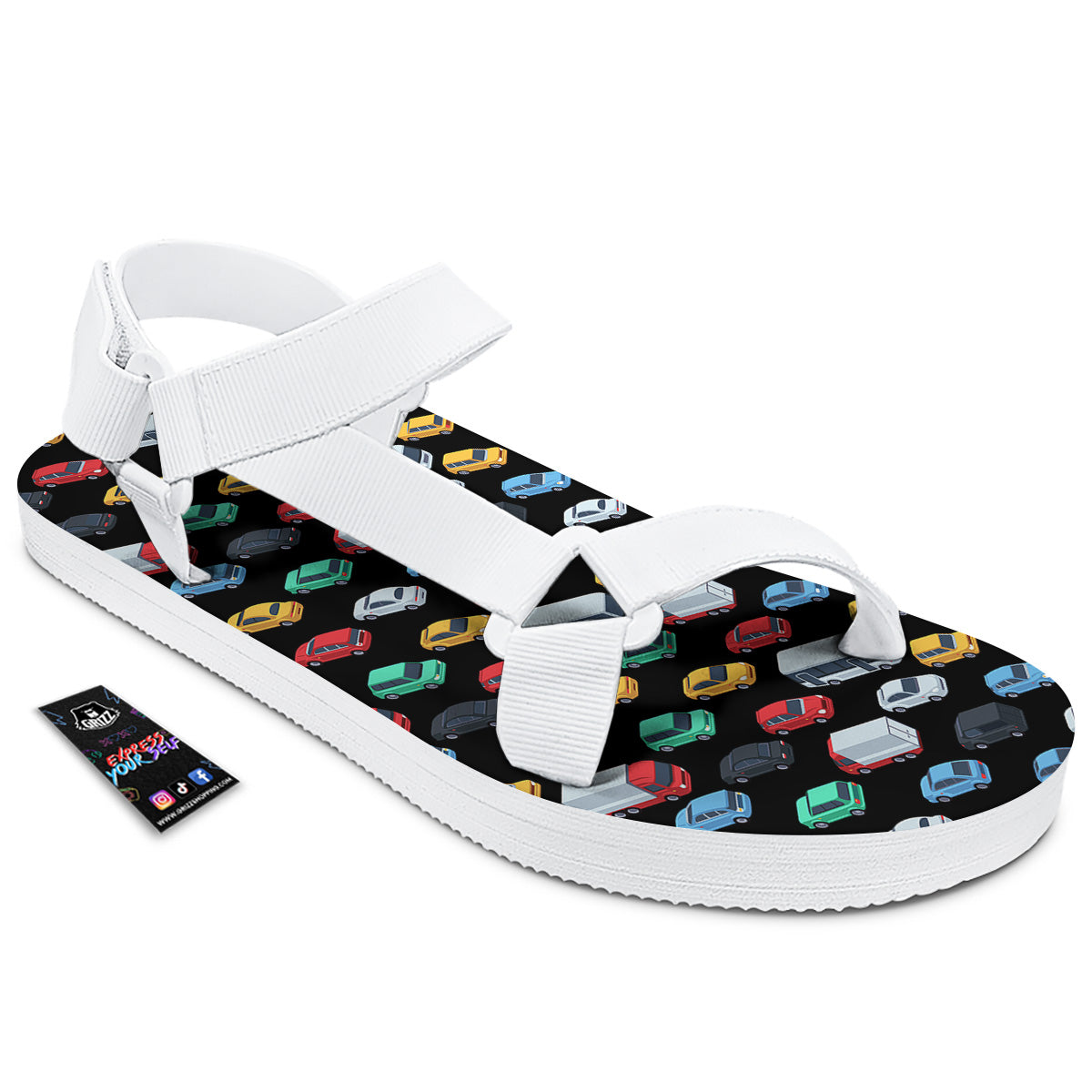 Isometric Cars Colorful Print Pattern White Open Toe Sandals-grizzshop