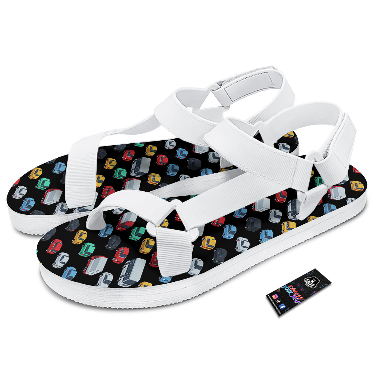 Isometric Cars Colorful Print Pattern White Open Toe Sandals-grizzshop