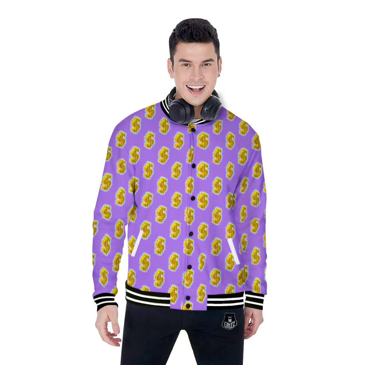 Isometric Gold Dollar Print Pattern Baseball Jacket-grizzshop