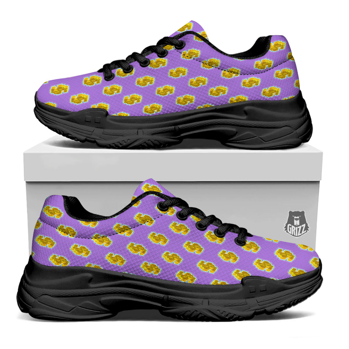 Isometric Gold Dollar Print Pattern Black Chunky Shoes-grizzshop