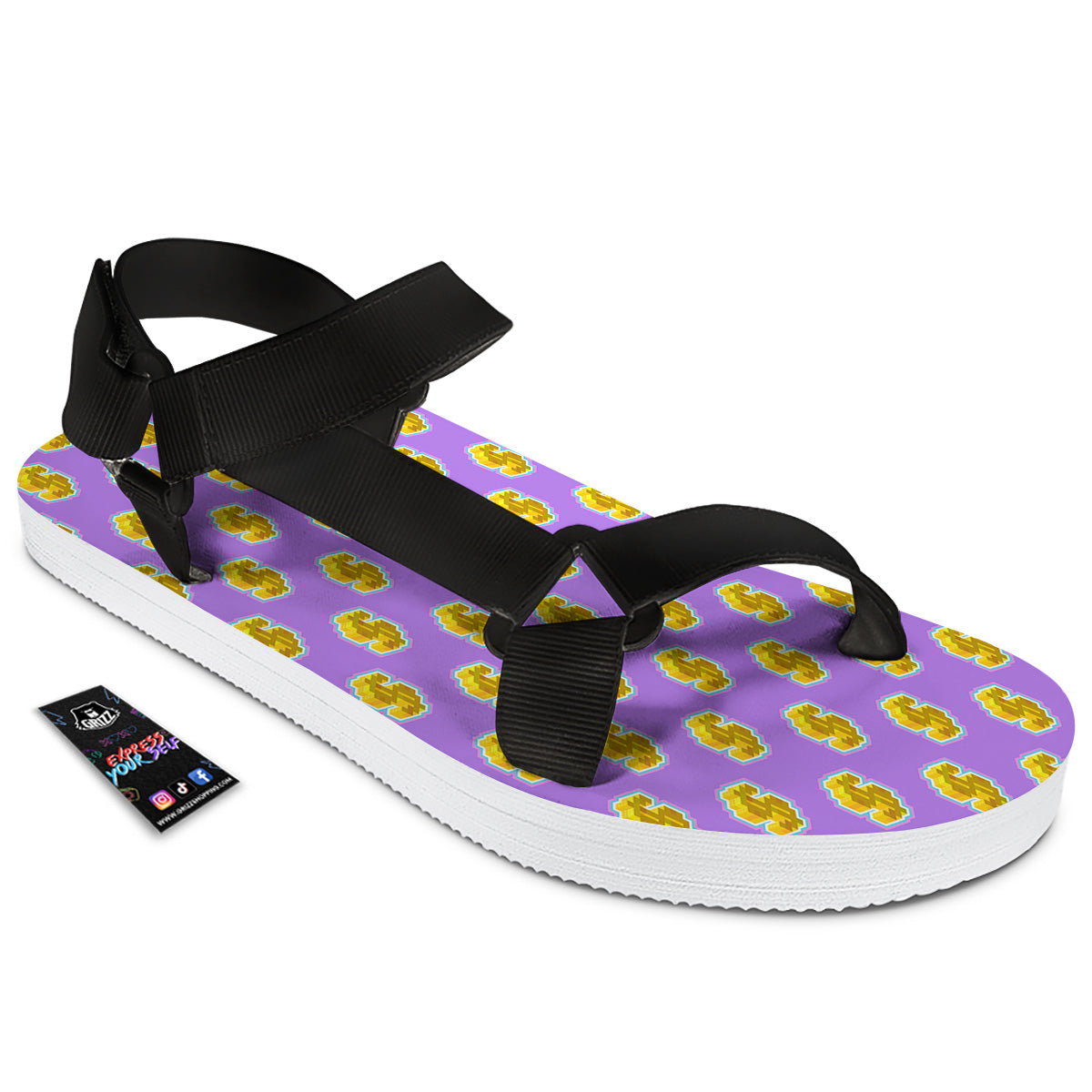 Isometric Gold Dollar Print Pattern Black Open Toe Sandals-grizzshop