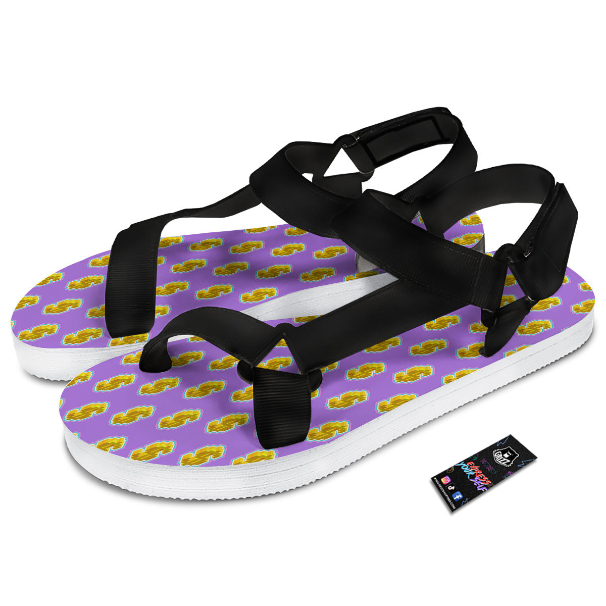Isometric Gold Dollar Print Pattern Black Open Toe Sandals-grizzshop
