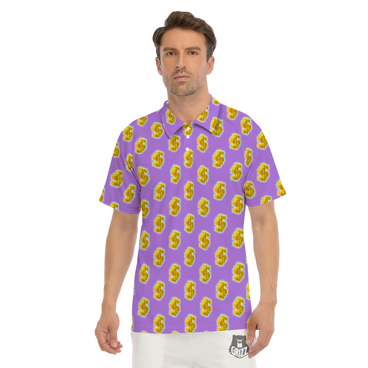 Isometric Gold Dollar Print Pattern Men's Golf Shirts-grizzshop