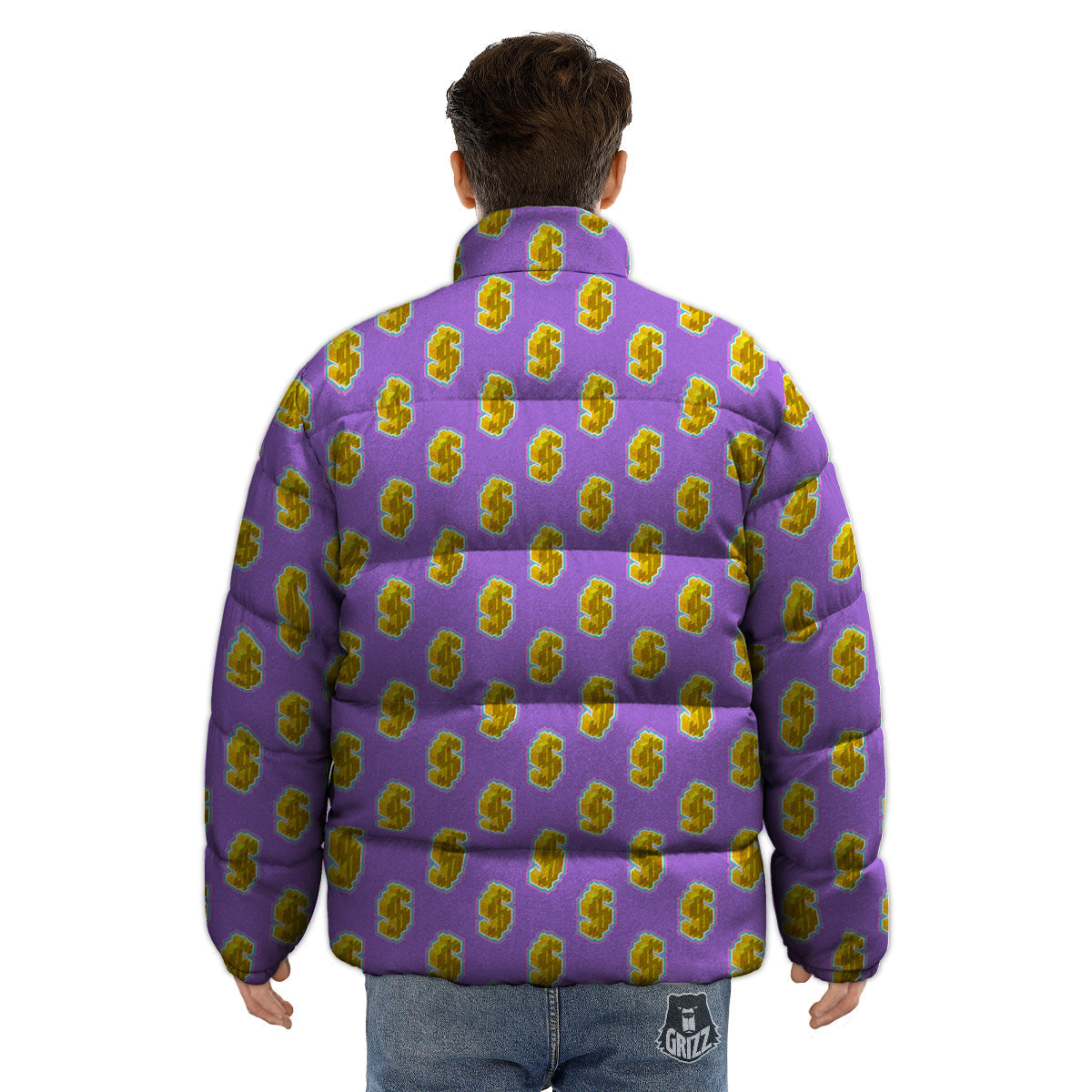 Isometric Gold Dollar Print Pattern Puffer Jacket-grizzshop