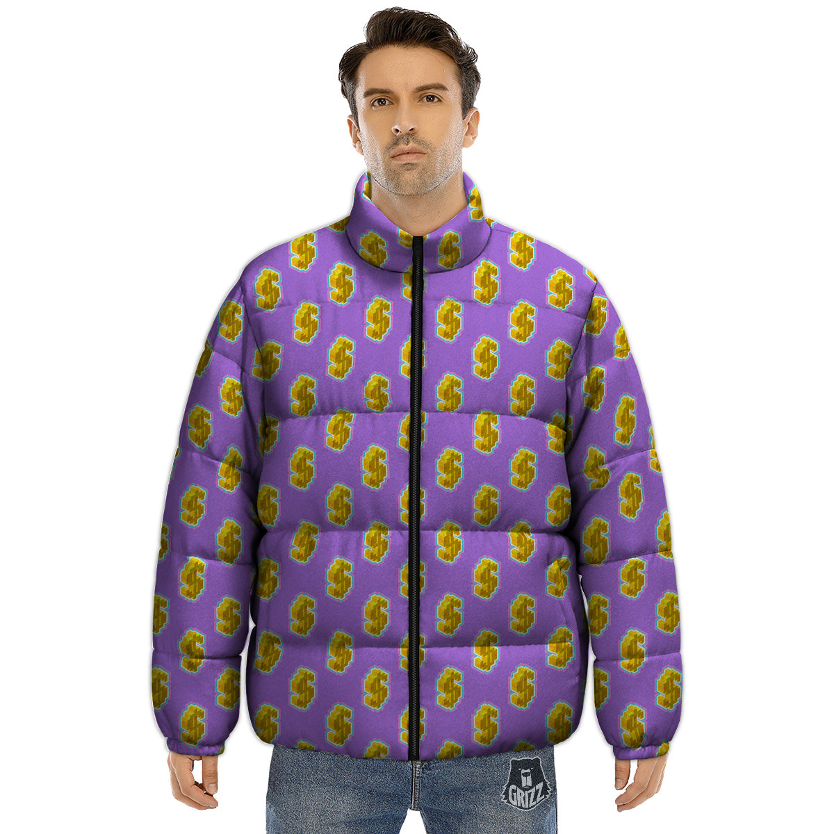Isometric Gold Dollar Print Pattern Puffer Jacket-grizzshop