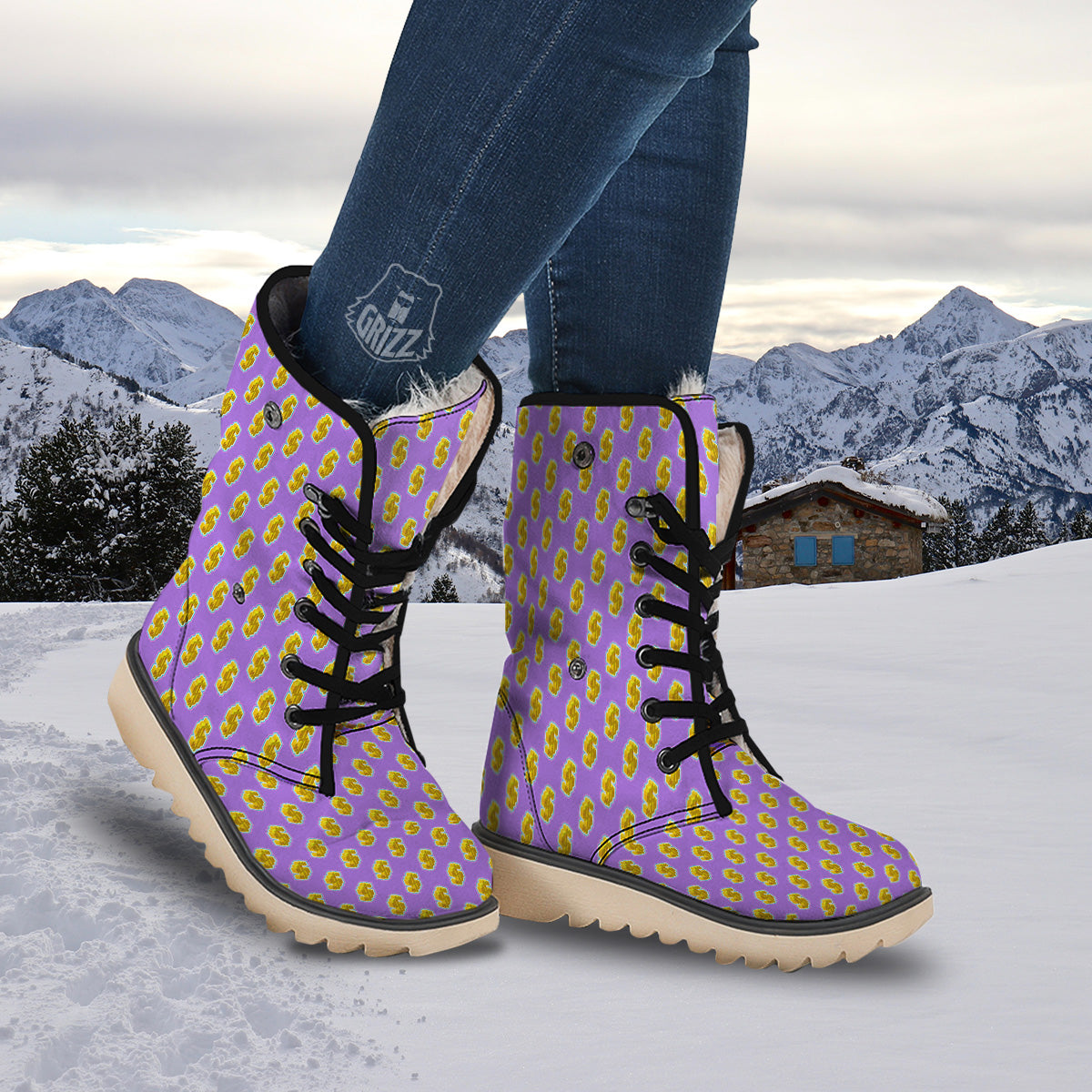Isometric Gold Dollar Print Pattern Snow Boots-grizzshop