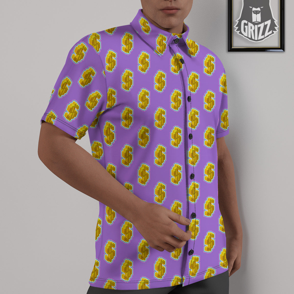 Isometric Gold Dollar Print Pattern Untucked Shirts-grizzshop