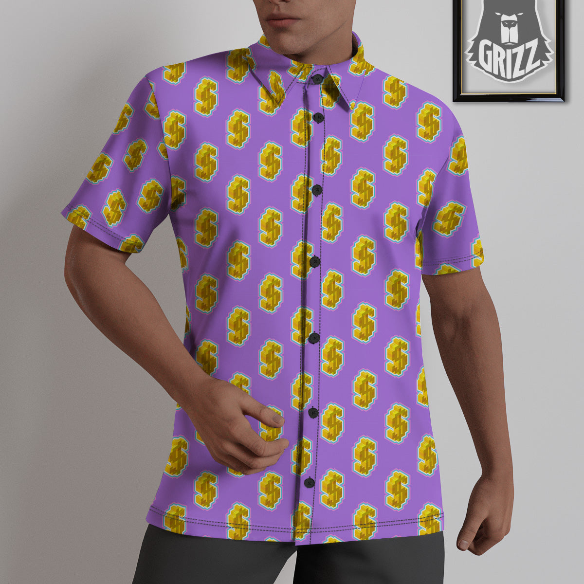Isometric Gold Dollar Print Pattern Untucked Shirts-grizzshop