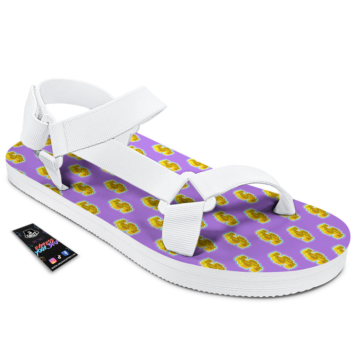 Isometric Gold Dollar Print Pattern White Open Toe Sandals-grizzshop