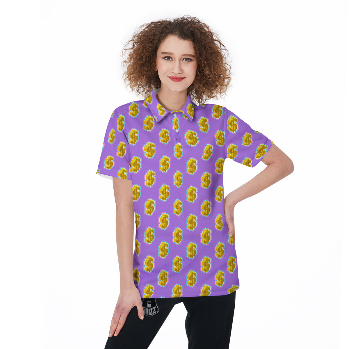Isometric Gold Dollar Print Pattern Women's Golf Shirts-grizzshop