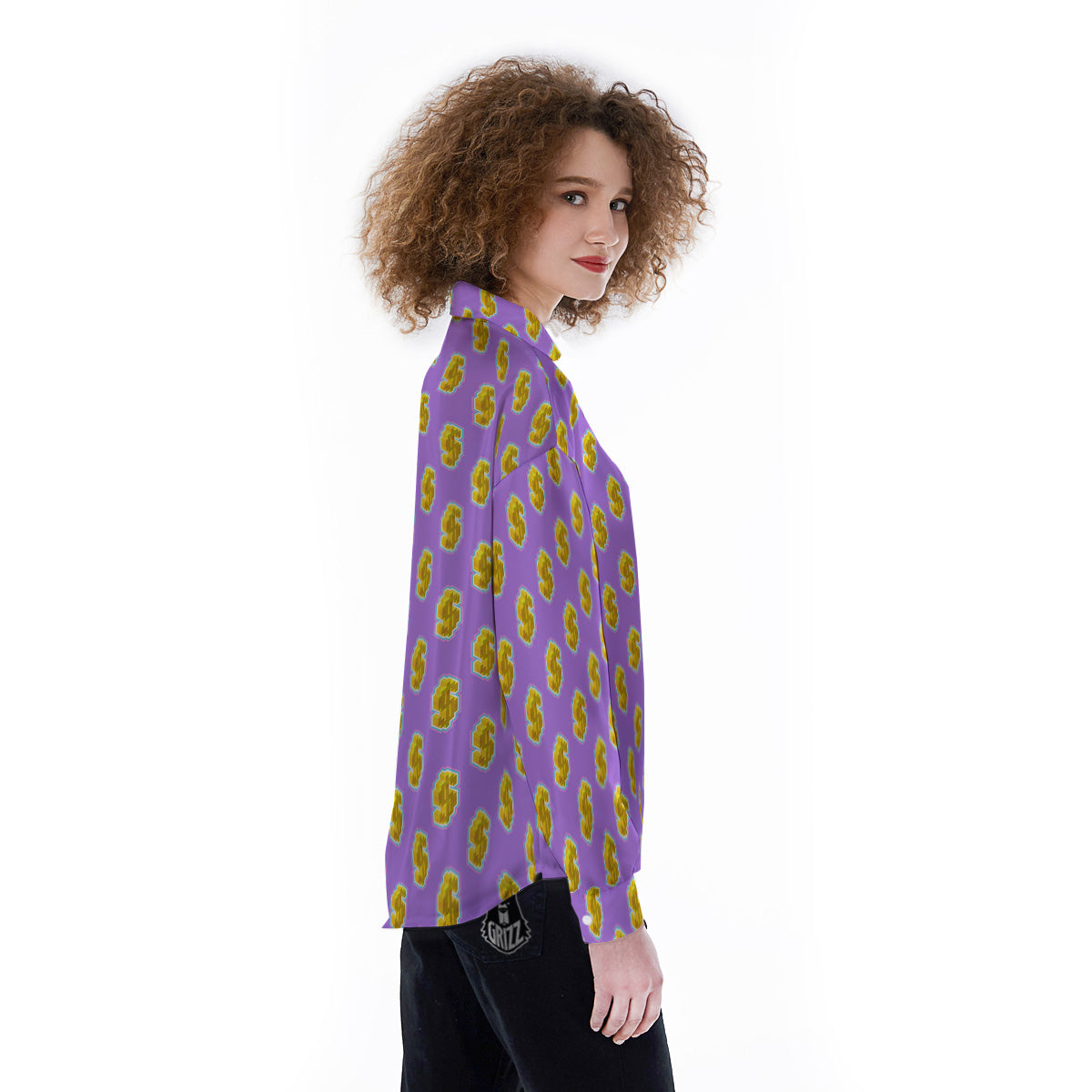 Isometric Gold Dollar Print Pattern Women's Long Sleeve Shirts-grizzshop