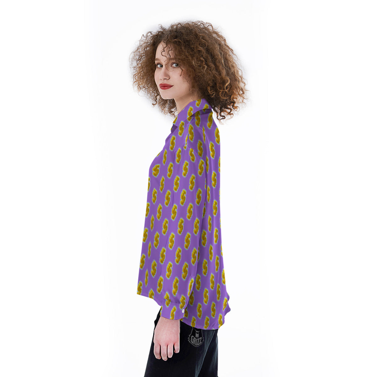 Isometric Gold Dollar Print Pattern Women's Long Sleeve Shirts-grizzshop