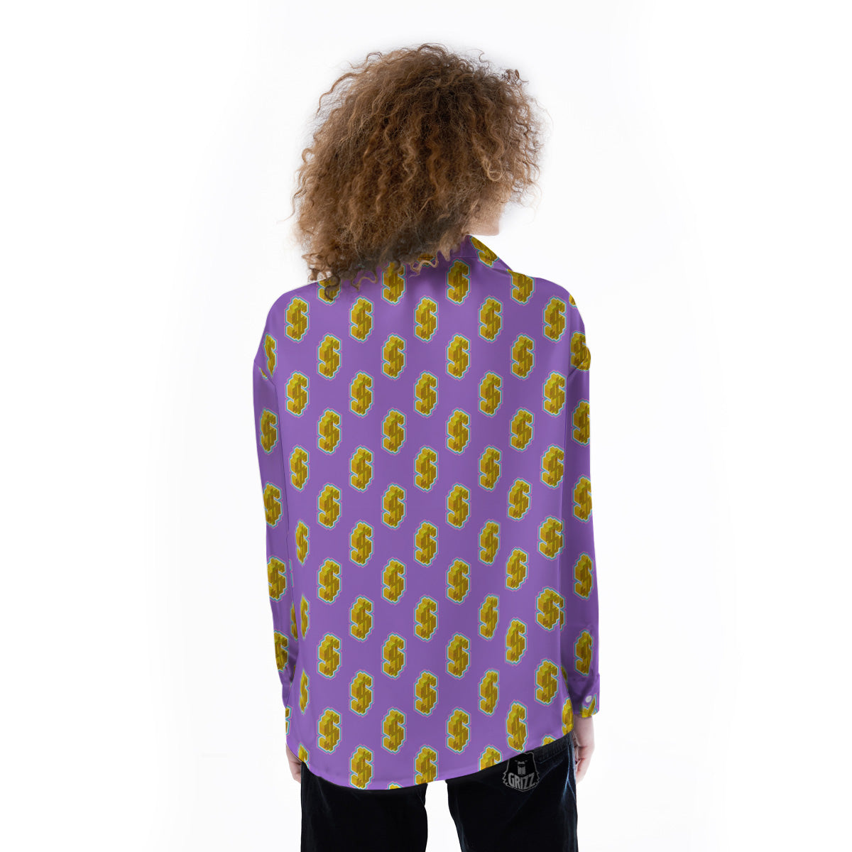 Isometric Gold Dollar Print Pattern Women's Long Sleeve Shirts-grizzshop