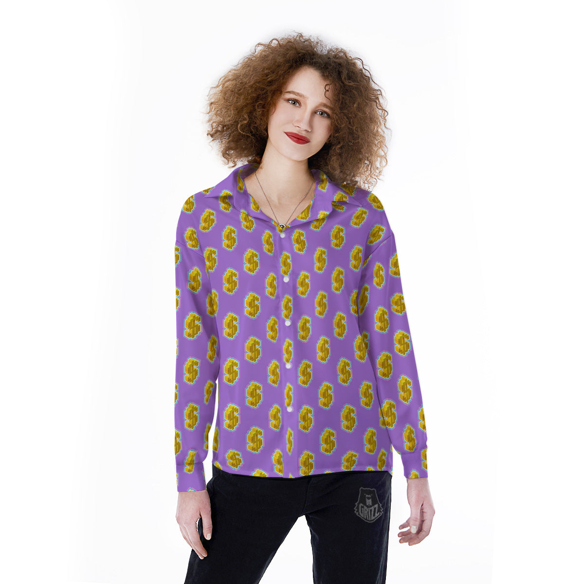 Isometric Gold Dollar Print Pattern Women's Long Sleeve Shirts-grizzshop