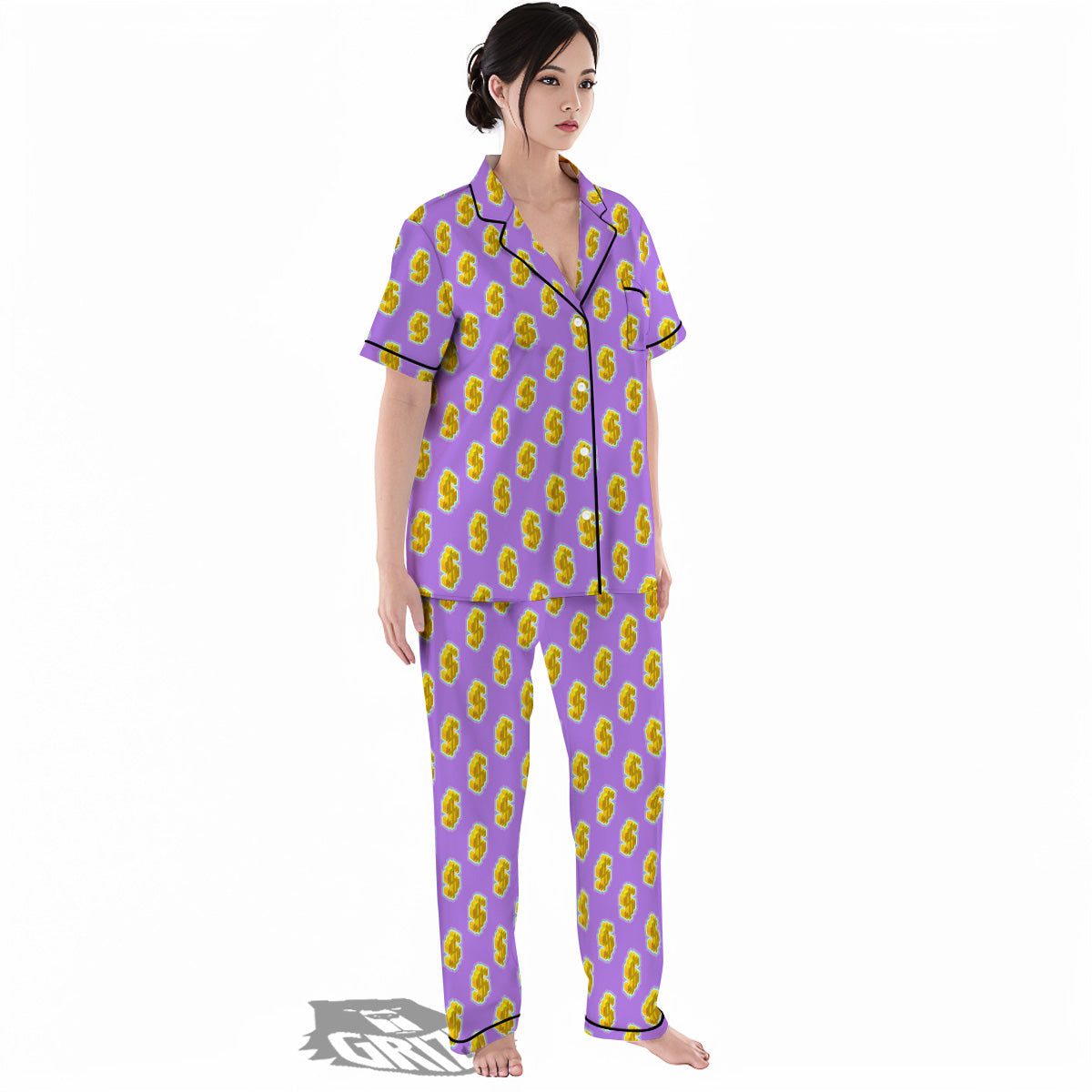 Isometric Gold Dollar Print Pattern Women's Pajamas Set-grizzshop