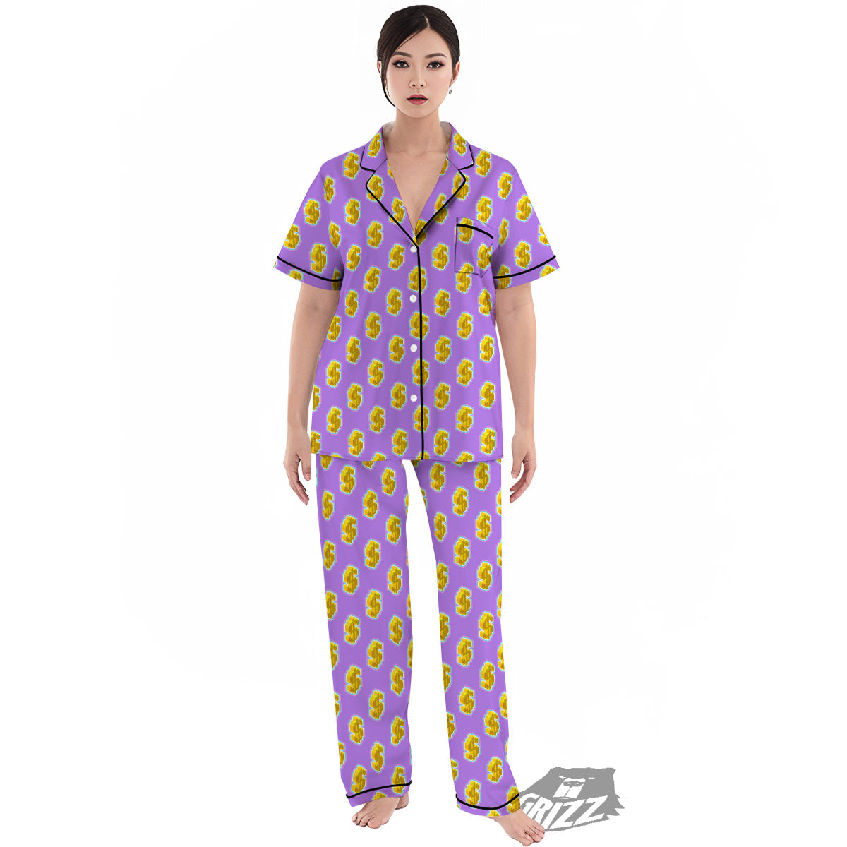 Isometric Gold Dollar Print Pattern Women's Pajamas Set-grizzshop