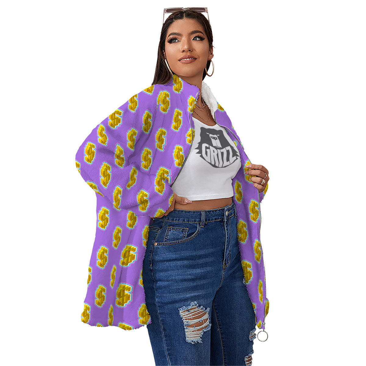 Isometric Gold Dollar Print Pattern Women's Sherpa Jacket-grizzshop