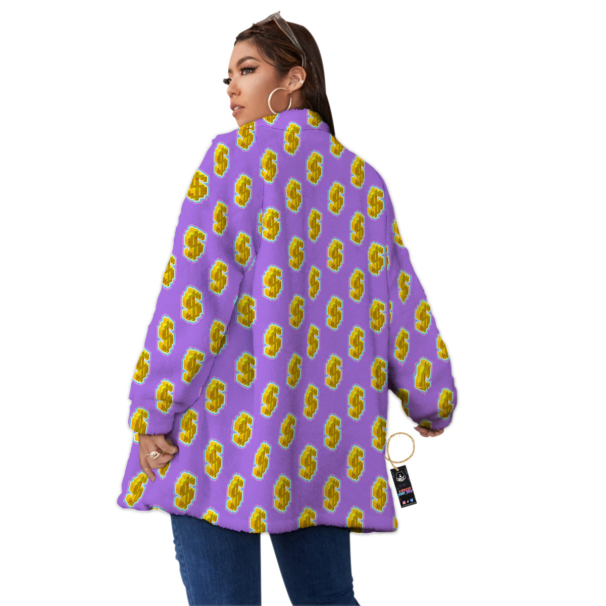 Isometric Gold Dollar Print Pattern Women's Sherpa Jacket-grizzshop