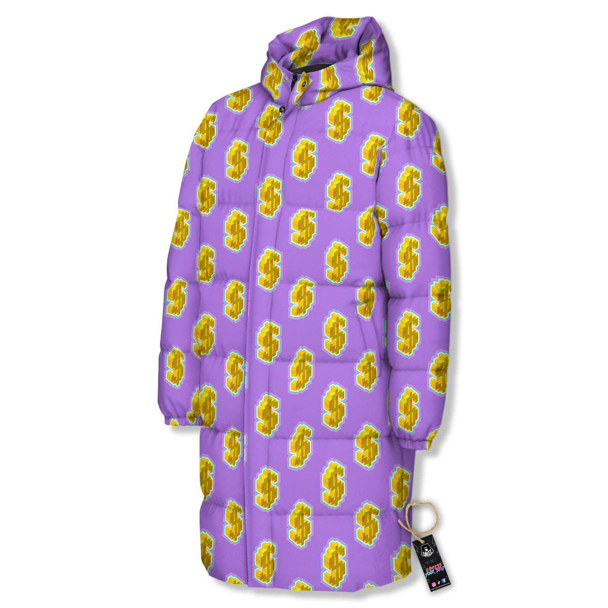 Isometric Gold Dollar Print Pattern Long Down Jacket