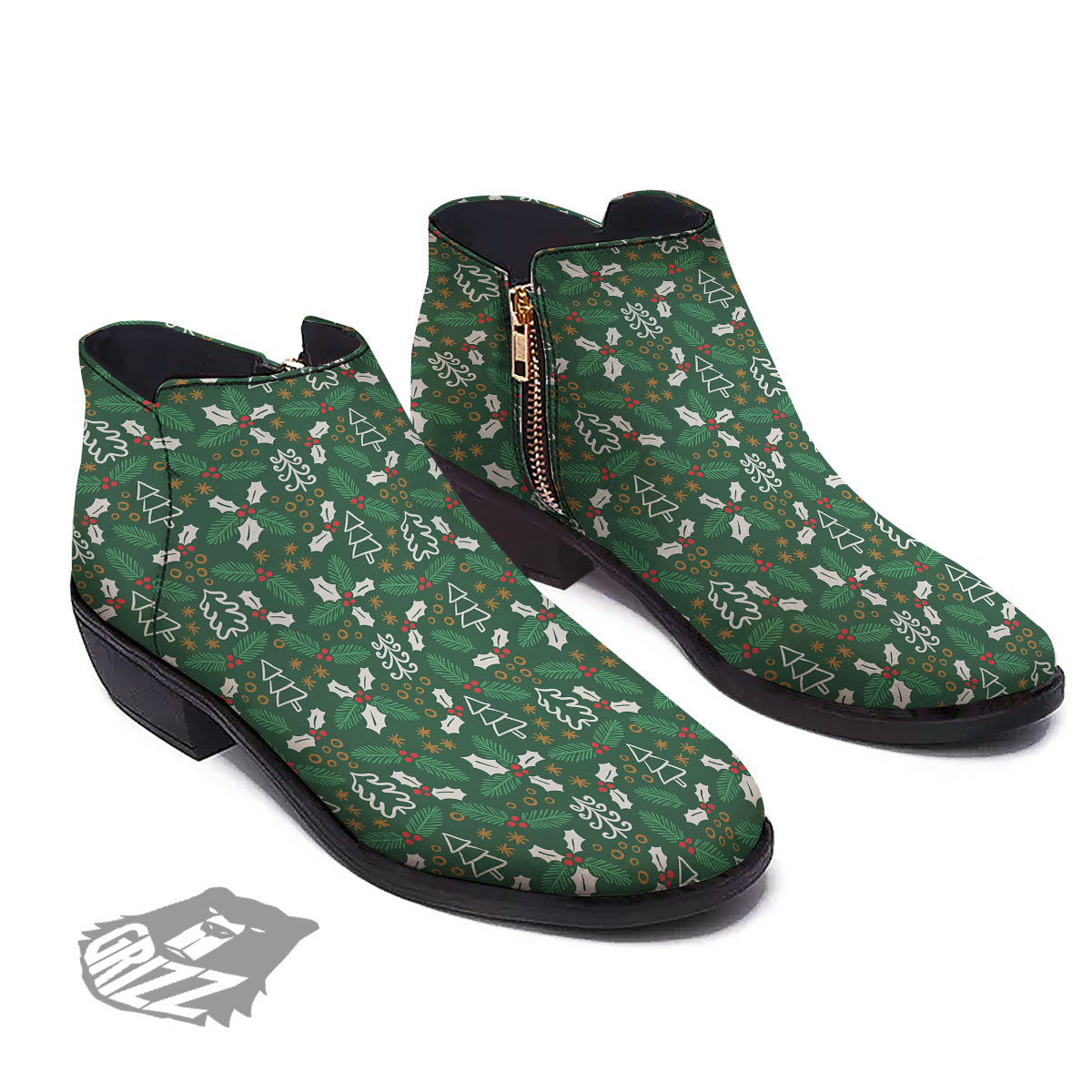 Ivy Leaf Christmas Print Pattern Ankle Boots-grizzshop