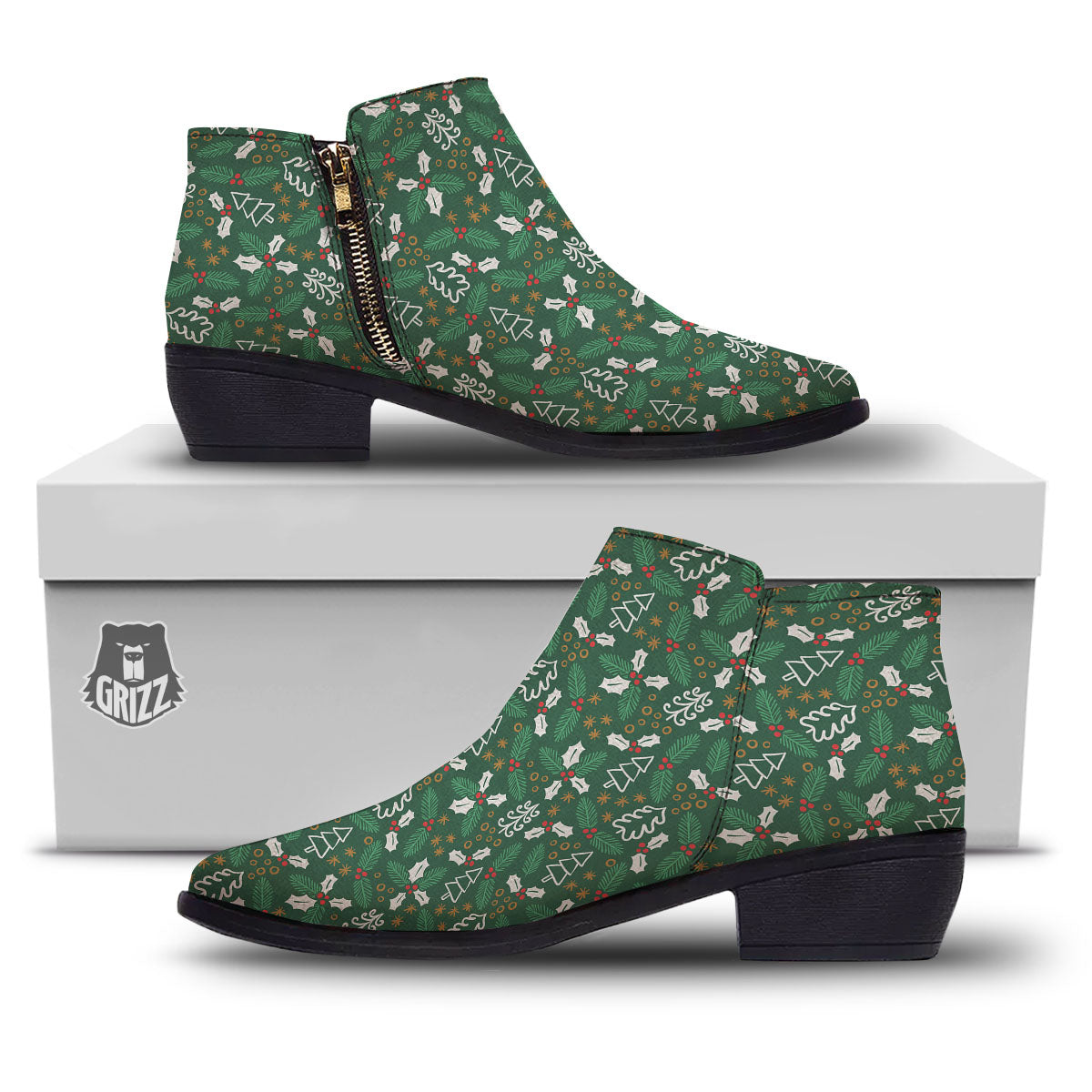 Ivy Leaf Christmas Print Pattern Ankle Boots-grizzshop
