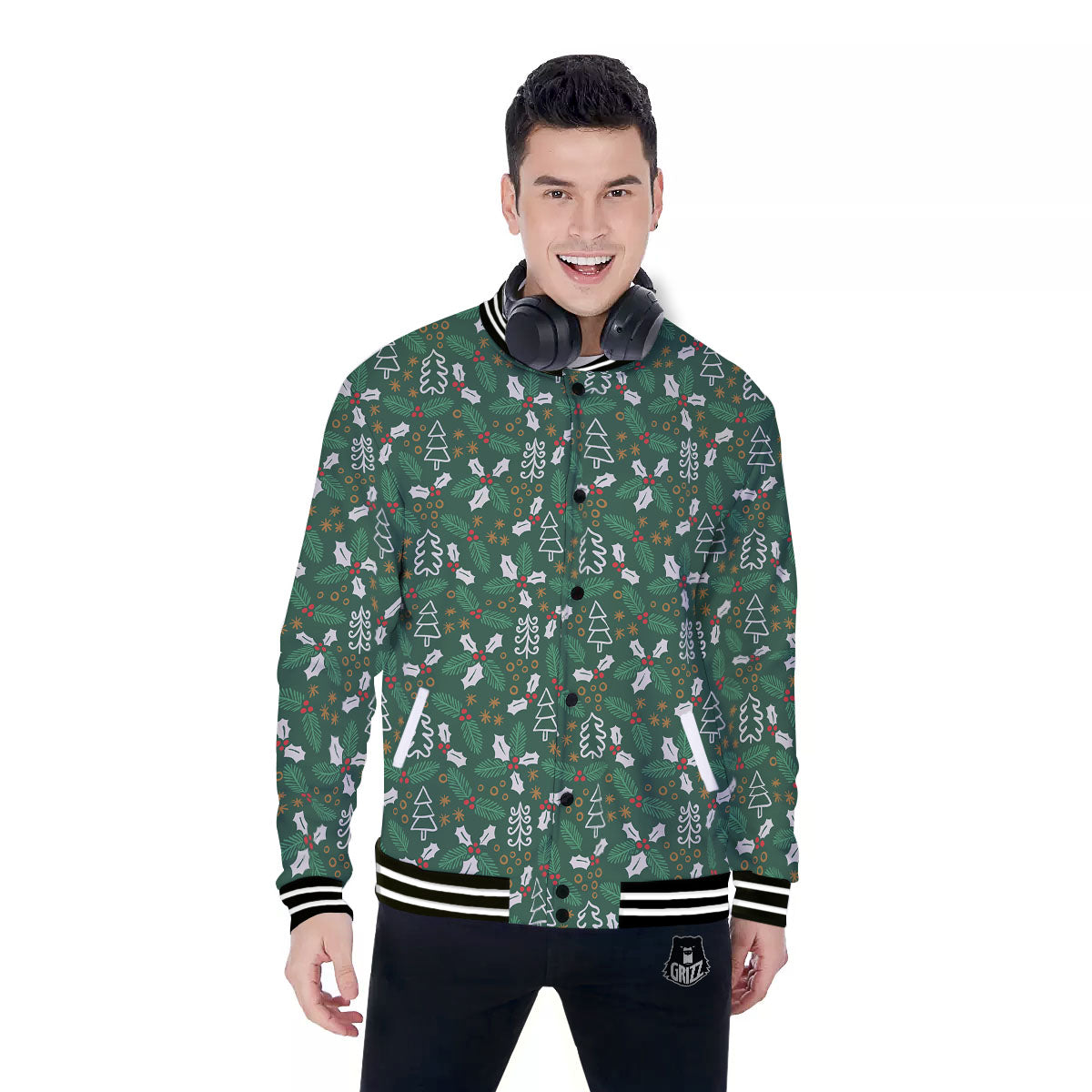 Ivy Leaf Christmas Print Pattern Baseball Jacket-grizzshop