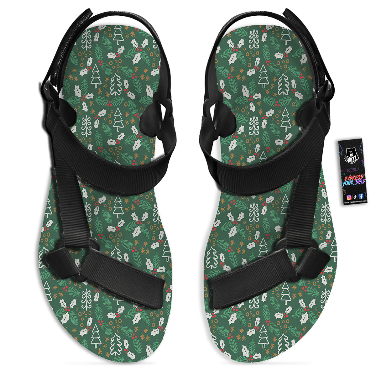 Ivy Leaf Christmas Print Pattern Black Open Toe Sandals-grizzshop