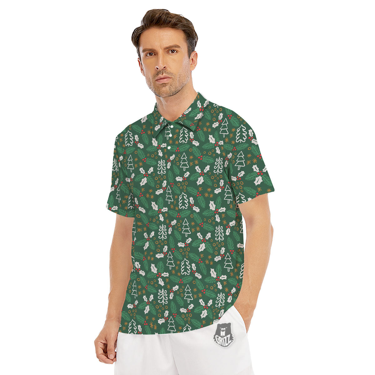Ivy Leaf Christmas Print Pattern Men's Golf Shirts-grizzshop