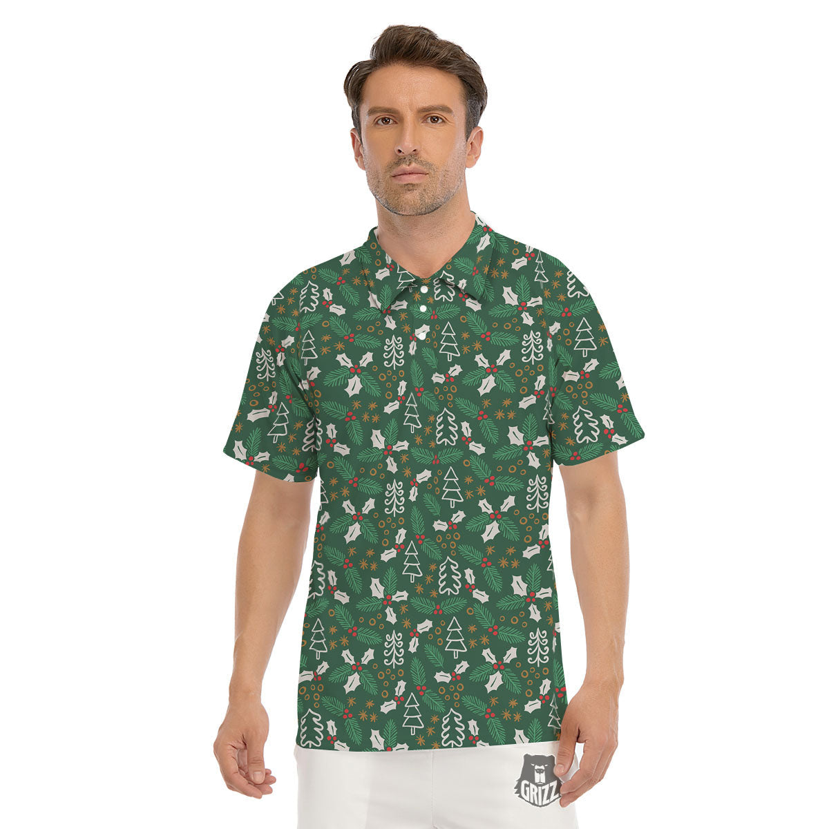 Ivy Leaf Christmas Print Pattern Men's Golf Shirts-grizzshop