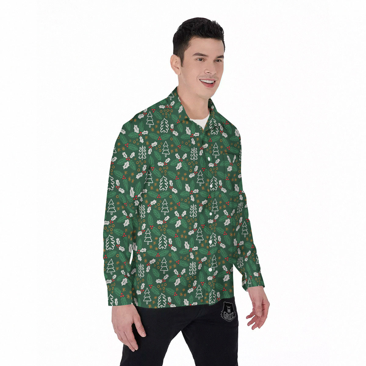 Ivy Leaf Christmas Print Pattern Men's Long Sleeve Shirts-grizzshop