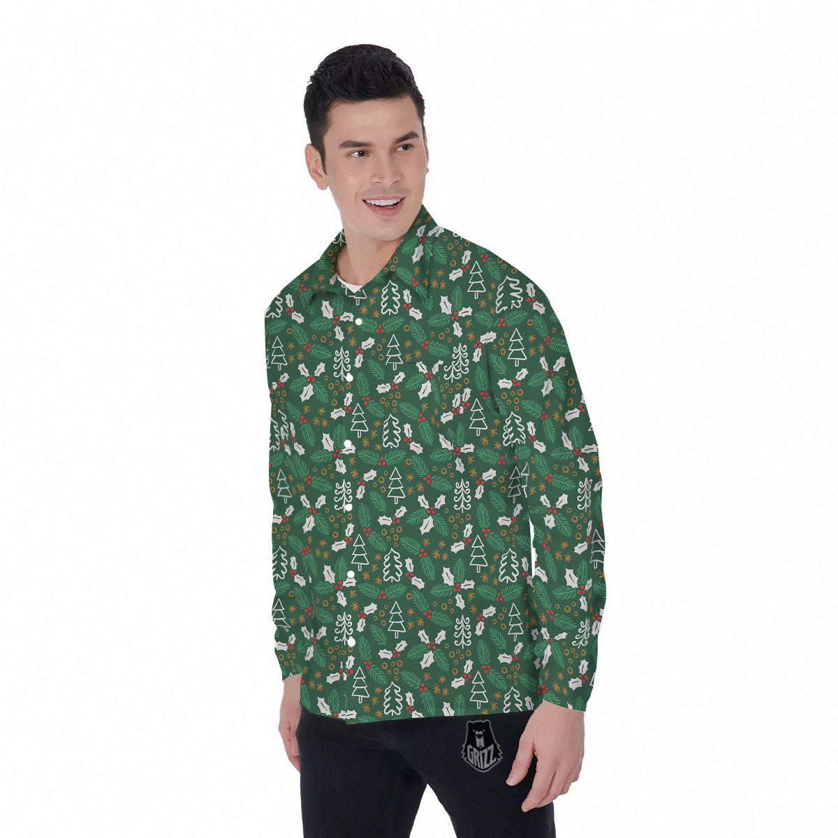 Ivy Leaf Christmas Print Pattern Men's Long Sleeve Shirts-grizzshop
