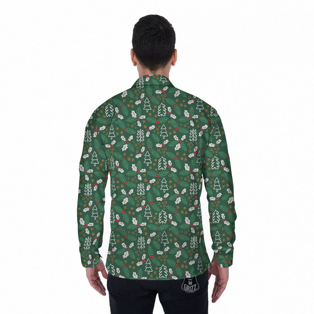 Ivy Leaf Christmas Print Pattern Men's Long Sleeve Shirts-grizzshop