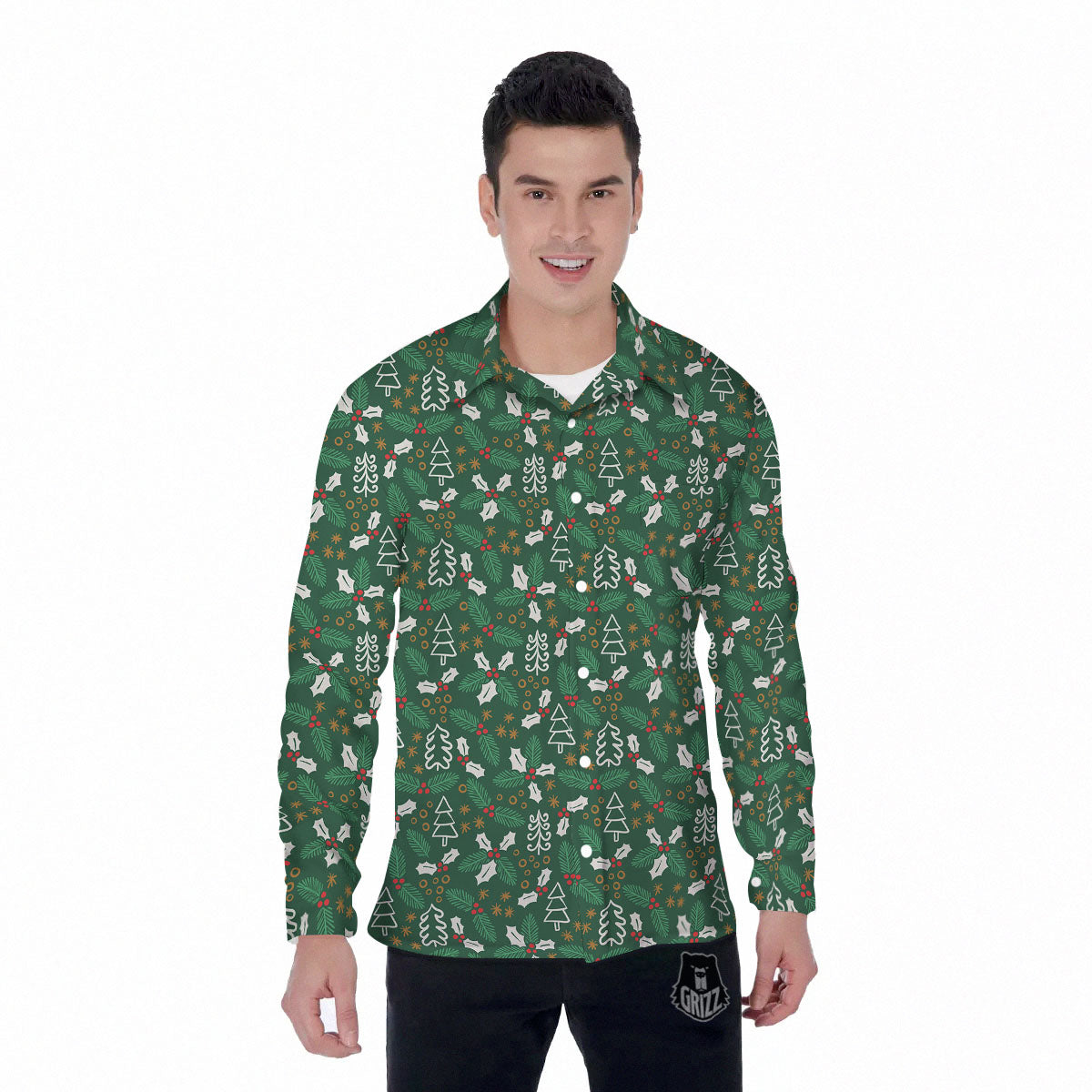 Ivy Leaf Christmas Print Pattern Men's Long Sleeve Shirts-grizzshop