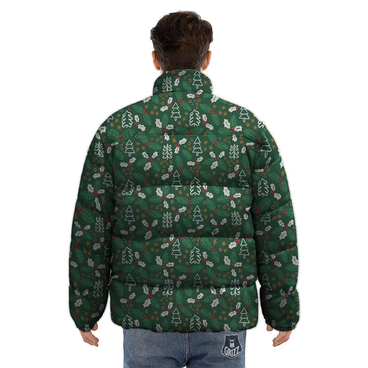 Ivy Leaf Christmas Print Pattern Puffer Jacket-grizzshop