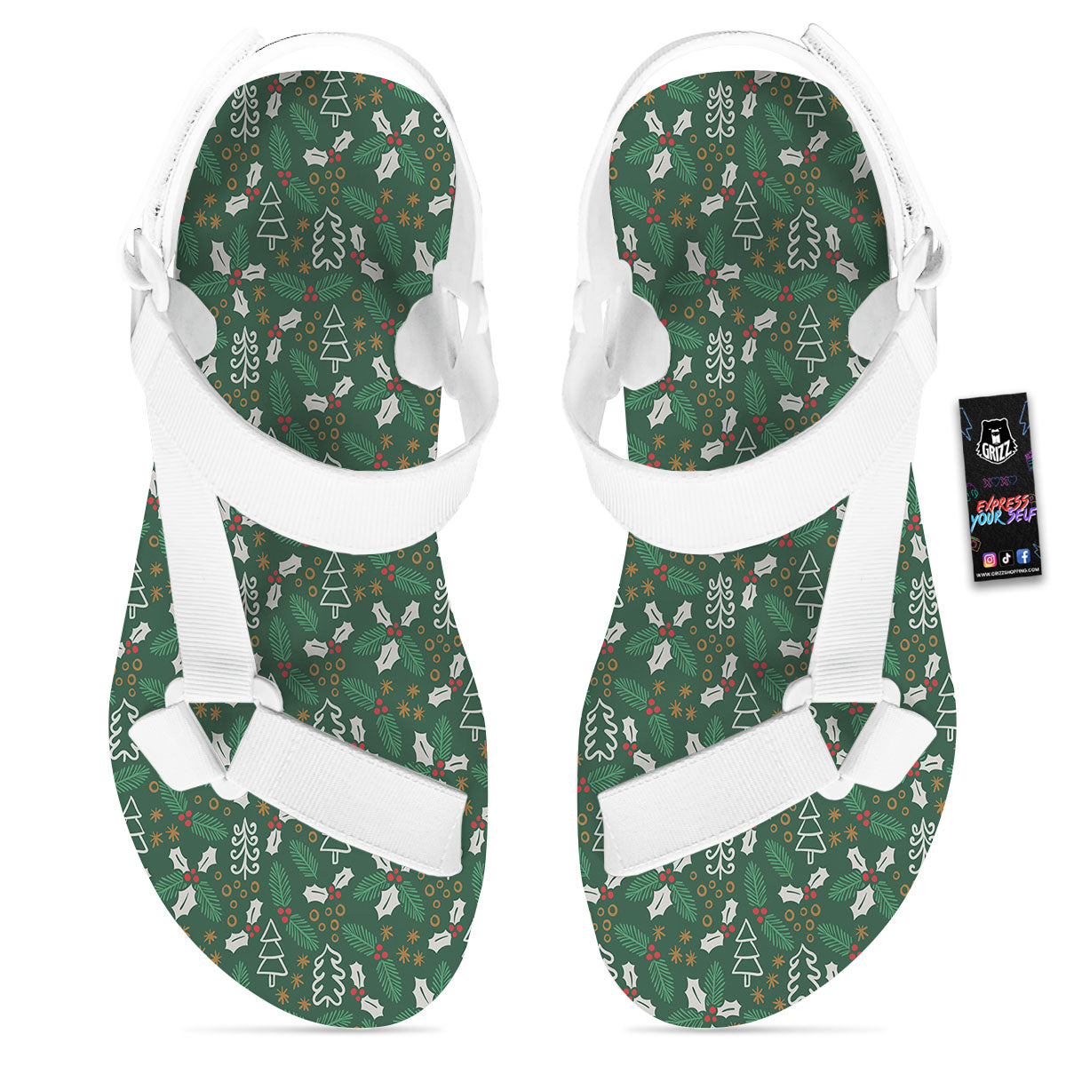 Ivy Leaf Christmas Print Pattern White Open Toe Sandals-grizzshop