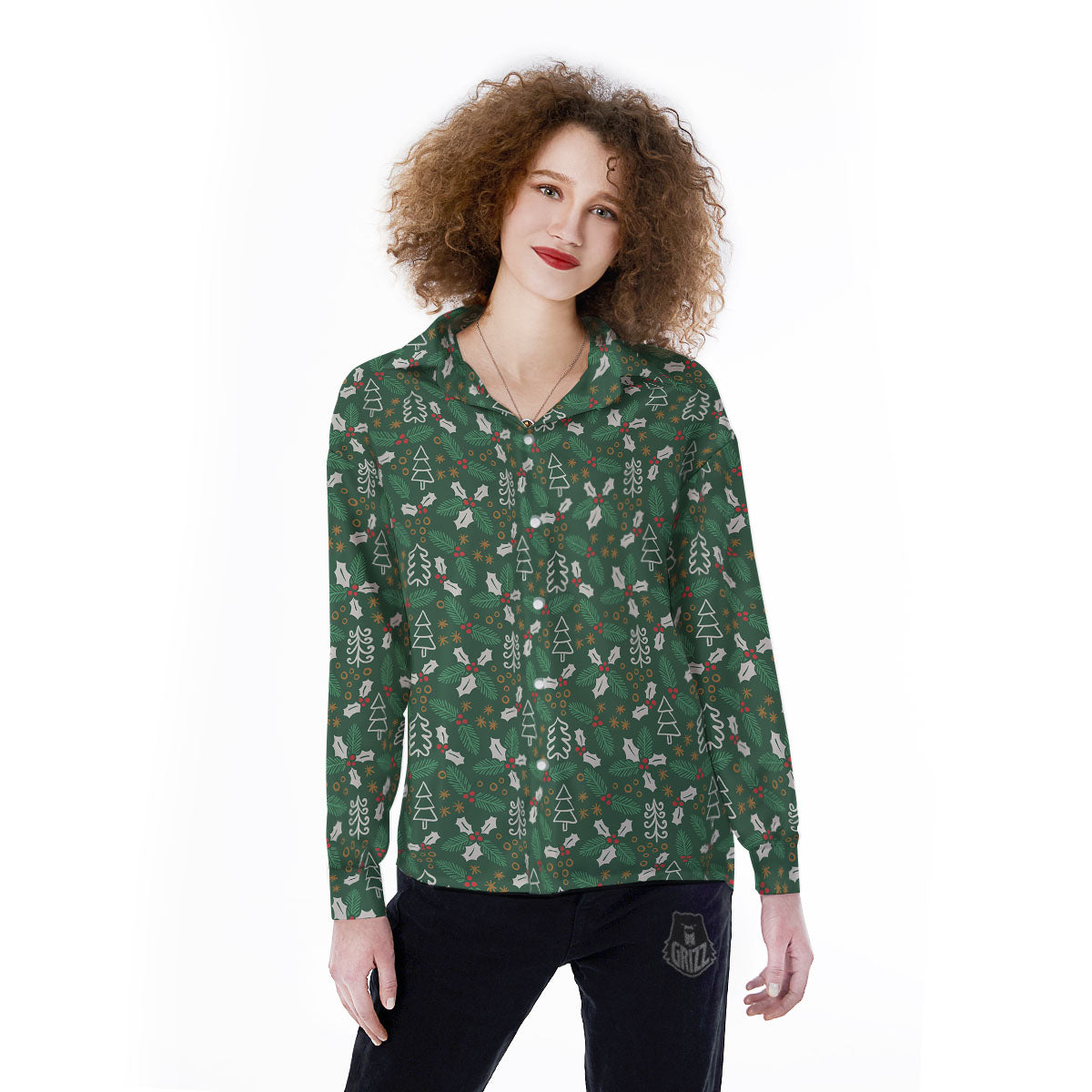Ivy Leaf Christmas Print Pattern Women's Long Sleeve Shirts-grizzshop