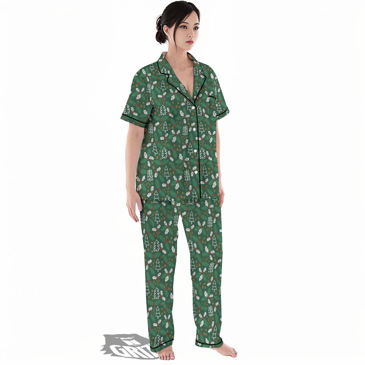 Ivy Leaf Christmas Print Pattern Women's Pajamas Set-grizzshop