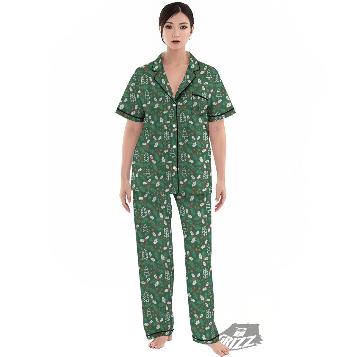 Ivy Leaf Christmas Print Pattern Women's Pajamas Set-grizzshop