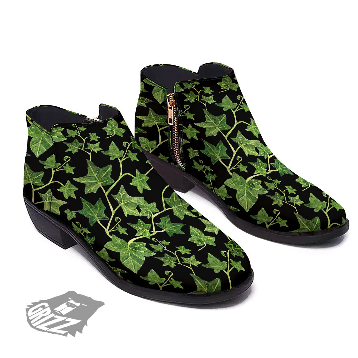 Ivy Leaf Green Print Ankle Boots-grizzshop
