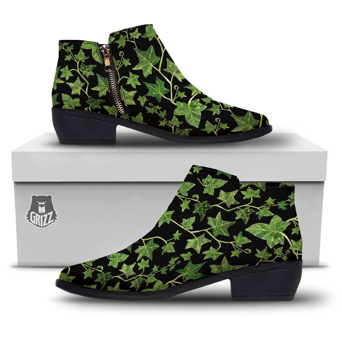 Ivy Leaf Green Print Ankle Boots-grizzshop