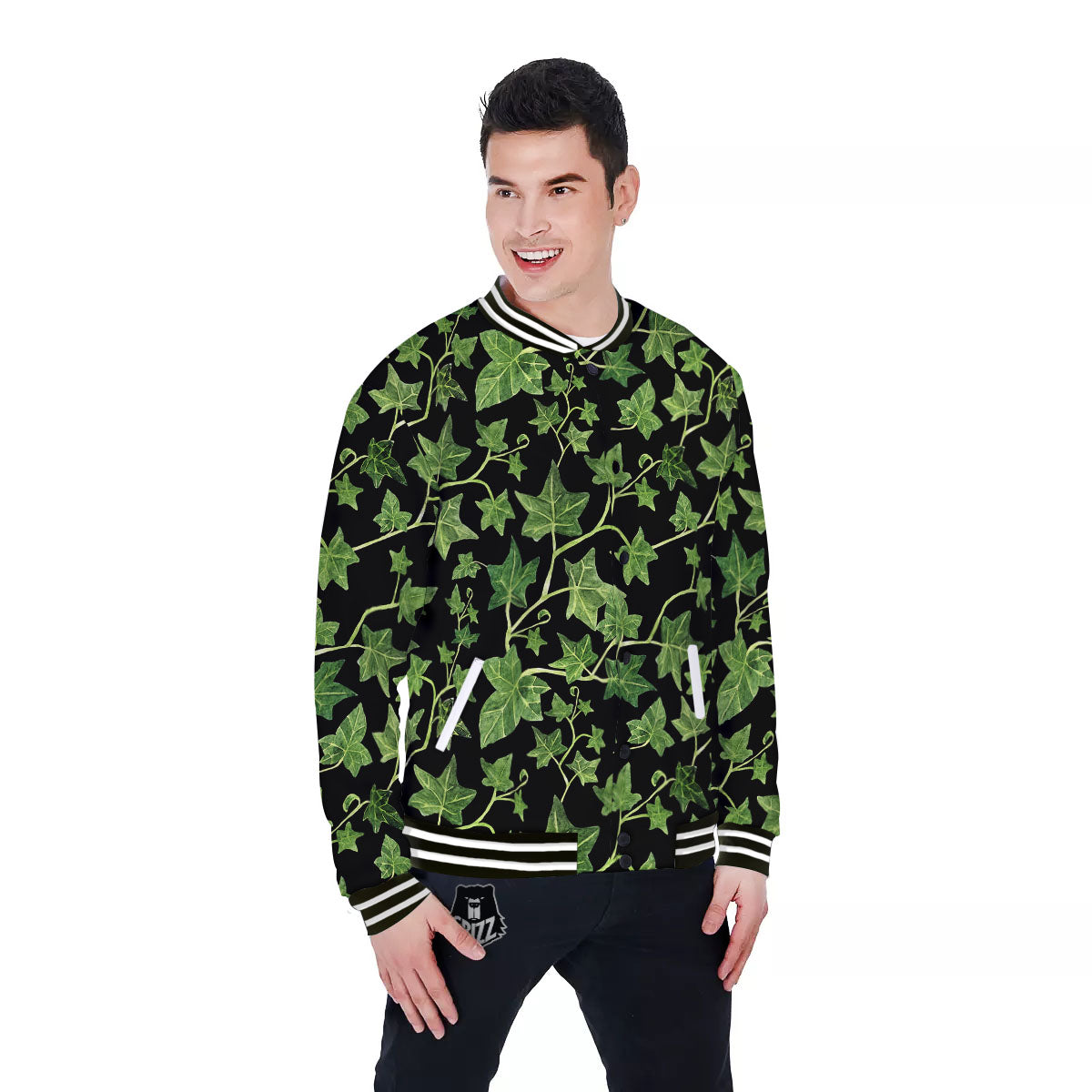 Ivy Leaf Green Print Baseball Jacket-grizzshop