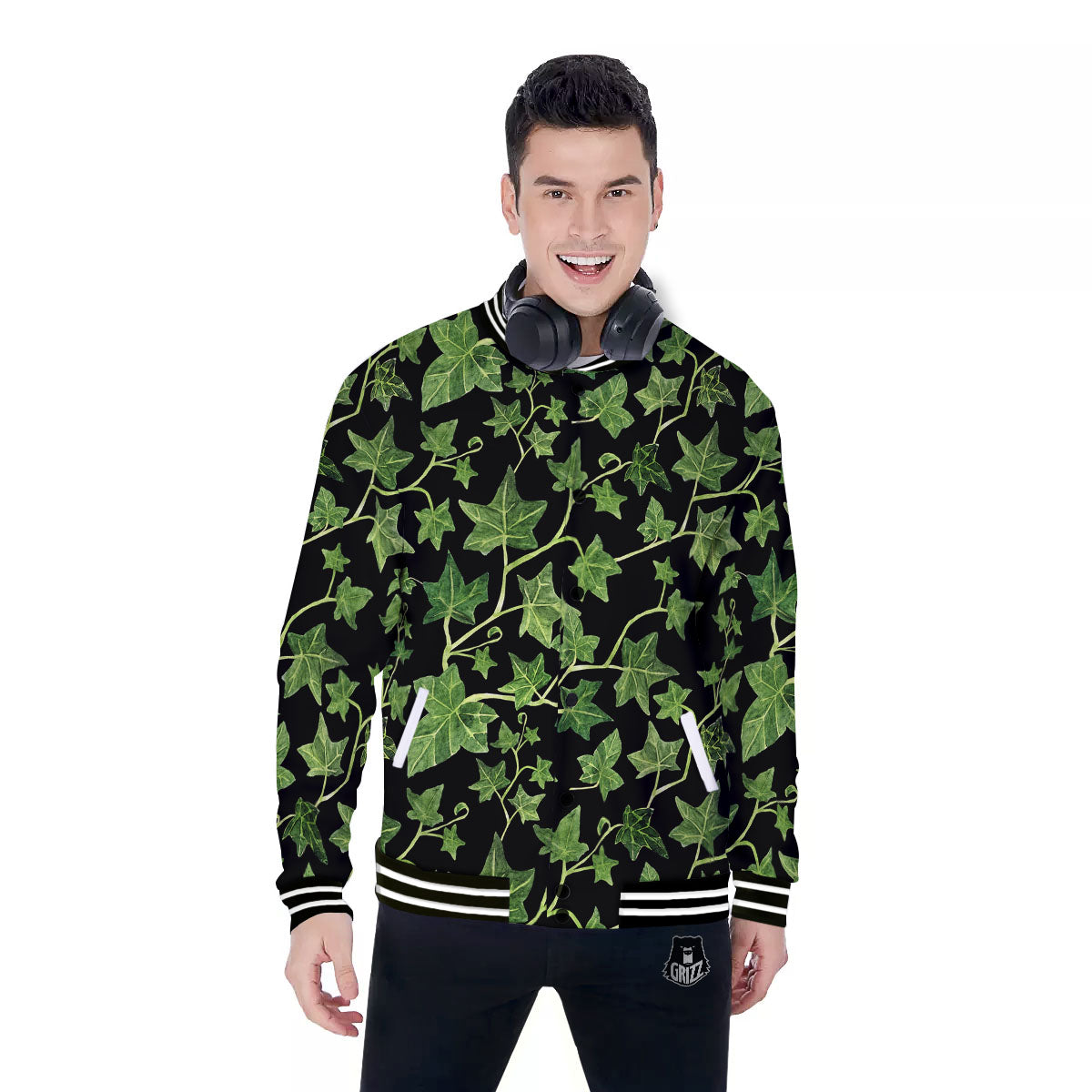 Ivy Leaf Green Print Baseball Jacket-grizzshop