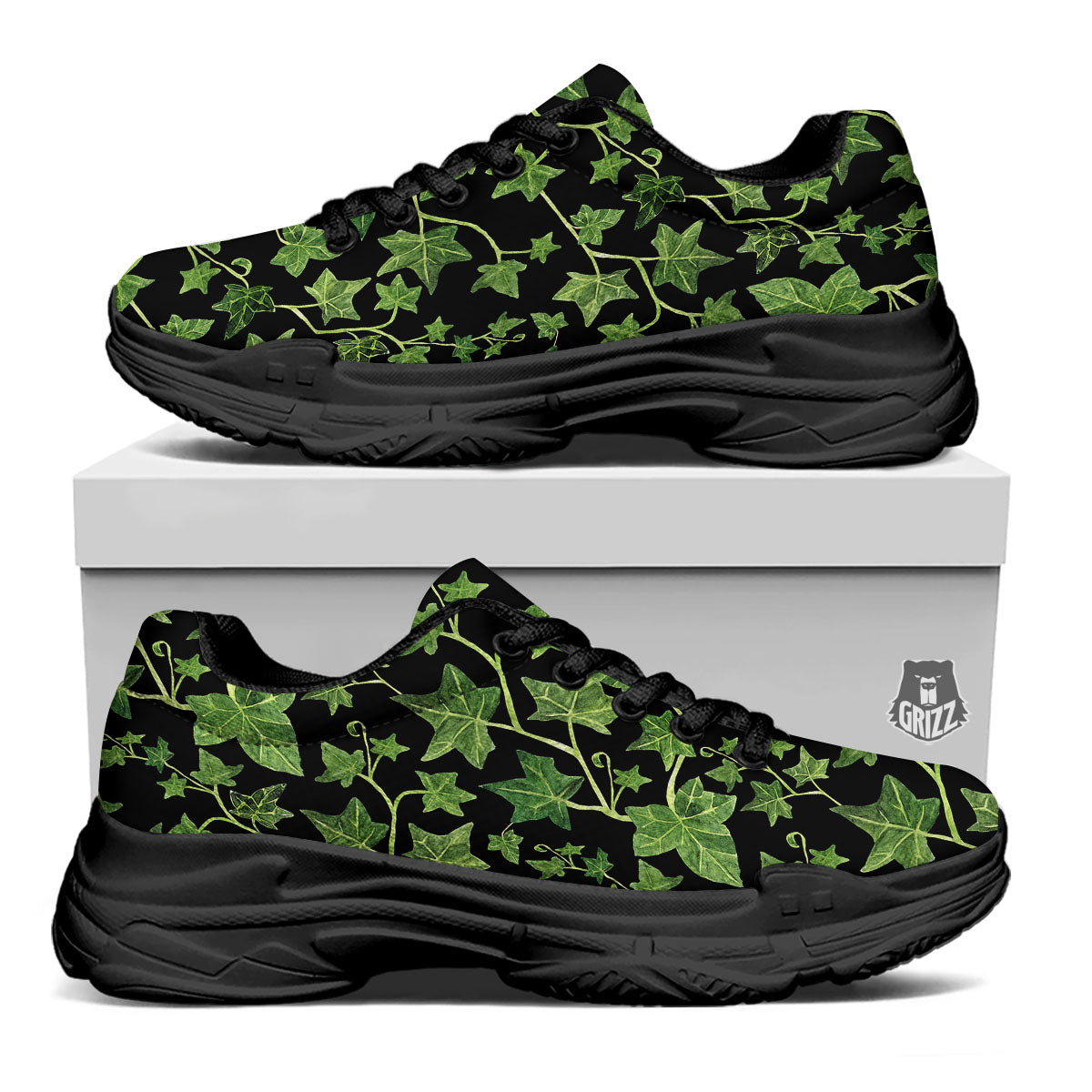 Ivy Leaf Green Print Black Chunky Shoes-grizzshop